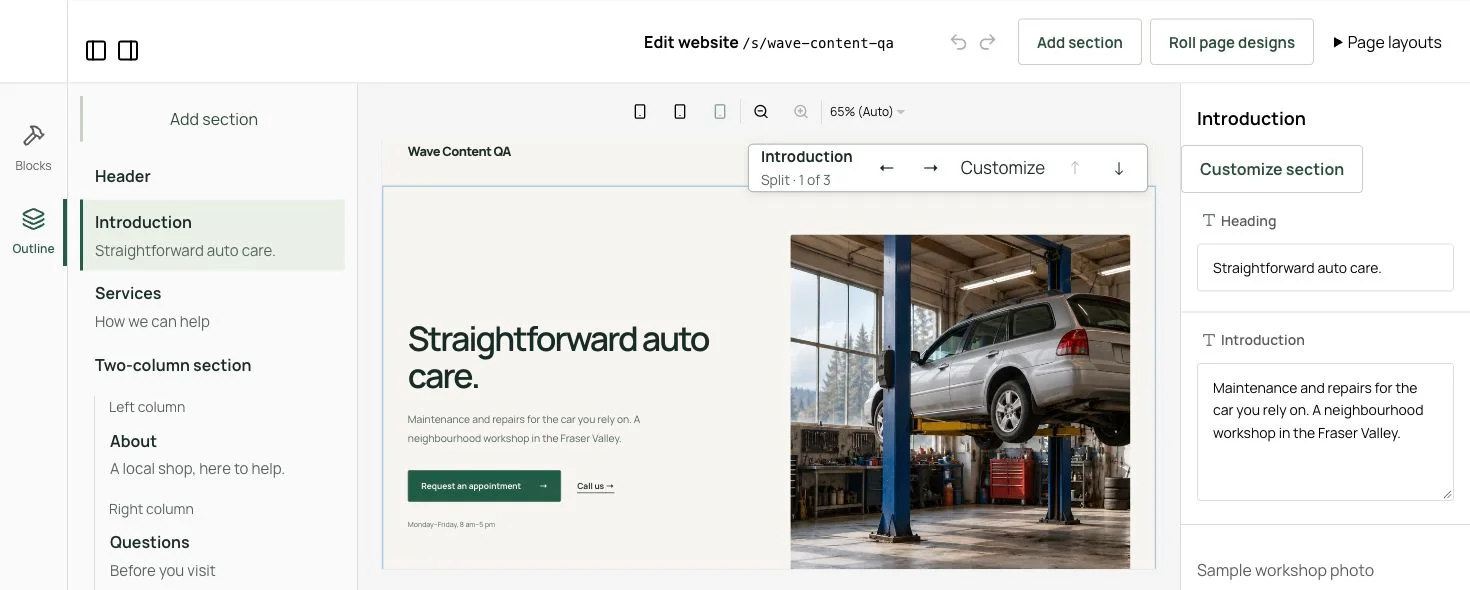 The Wave visual editor showing section navigation, a fictional auto-care website and editable heading, introduction and design controls.